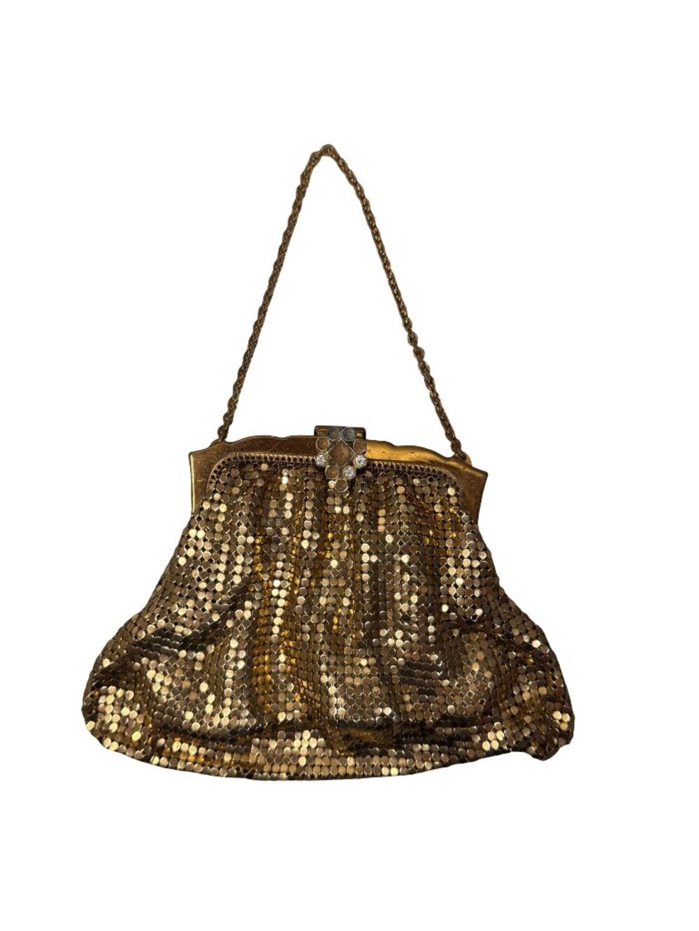 Antique Whiting & Davis Gold Mesh Evening Bag Chainmail Rhinestone Clasp READ - Picture 1 of 11